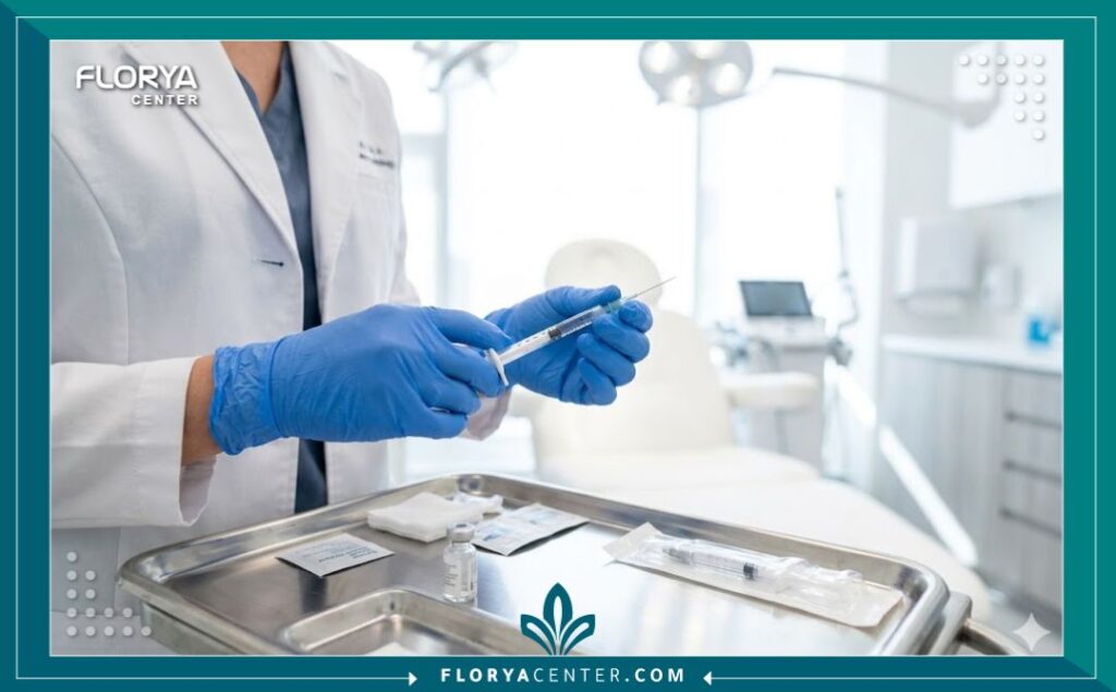 طبيب تجميل متخصص يقوم بتجهيز إبرة حقن الفيلر لتجميل شحمة الأذن في عيادة مجهزة بأحدث التقنيات الطبية.