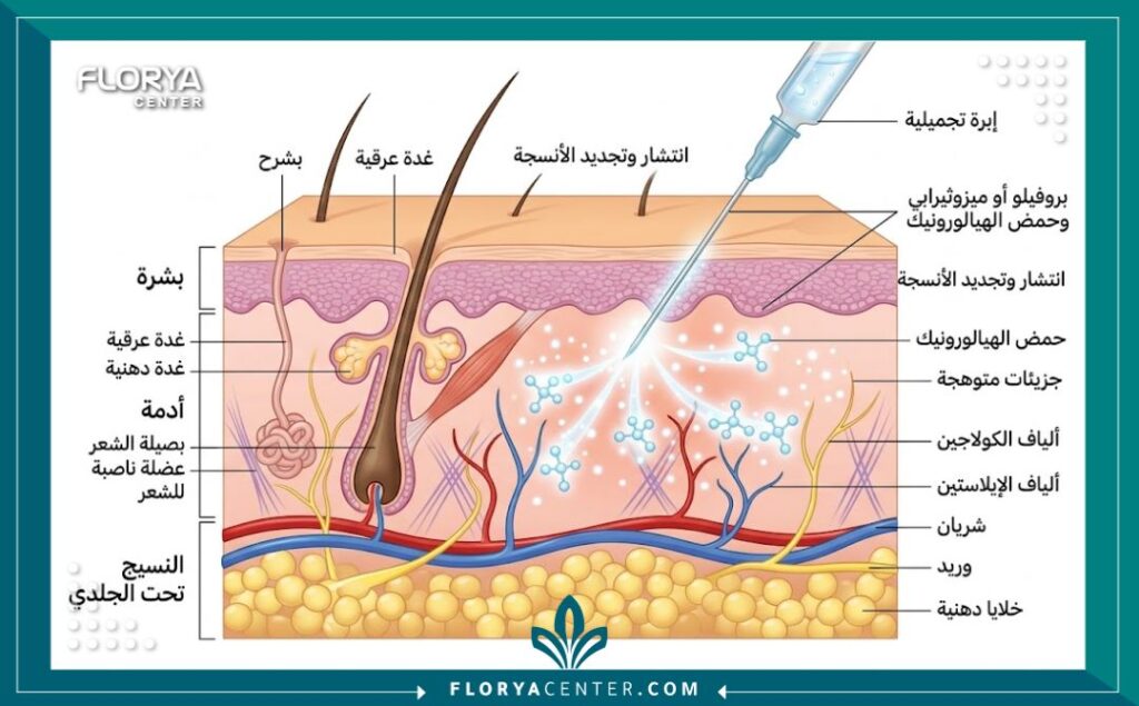 رسم توضيحي طبي يوضح طبقات الجلد وكيفية تغلغل إبر الميزو والبروفايلو لترطيب وتجديد الخلايا في حقن النضارة للوجه.