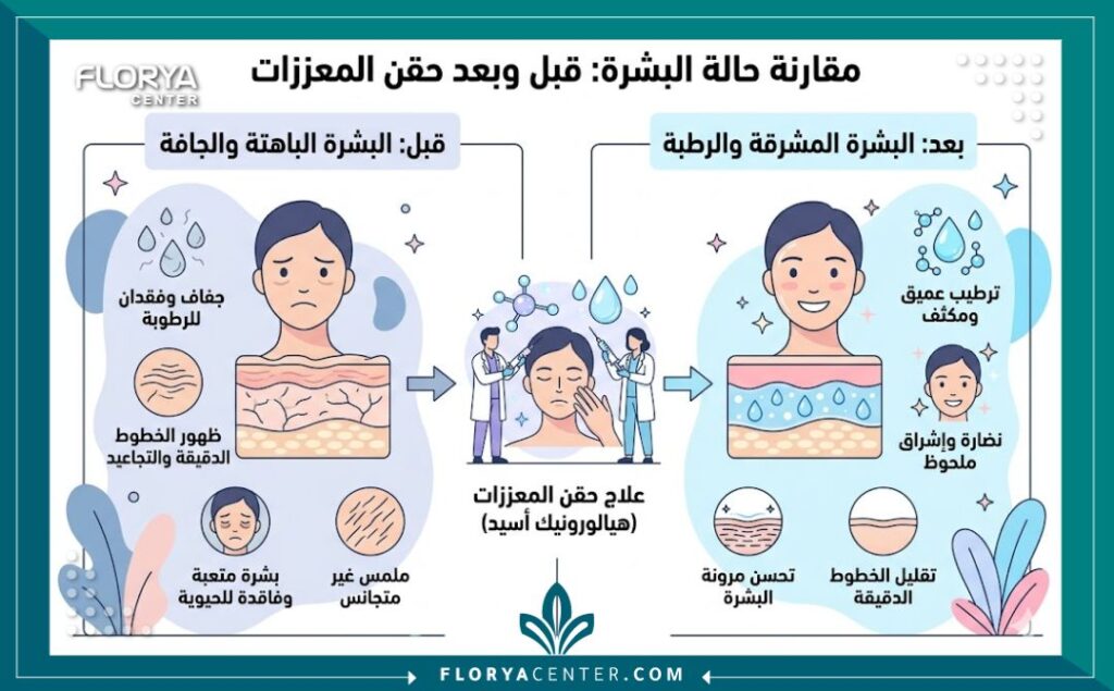 إنفوجرافيك يقارن بين فوائد إبر النضارة مثل الميزوثيرابي والبروفايلو ونتائجها السريعة في إشراقة الوجه.