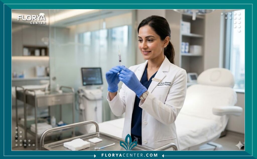طبيب تجميل متخصص يجهز إبرة النضارة بعناية داخل عيادة تجميل حديثة ومعقمة في إسطنبول.