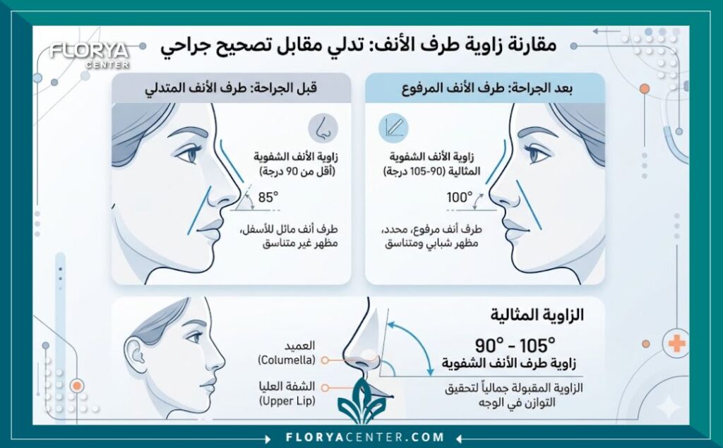 رفع أرنبة الأنف المتدلية جراحياً 3 إنفوجرافيك يوضح الزاوية المثالية للأنف ومقارنة بين أرنبة الأنف المتدلية والأنف المرفوع والمعدل.