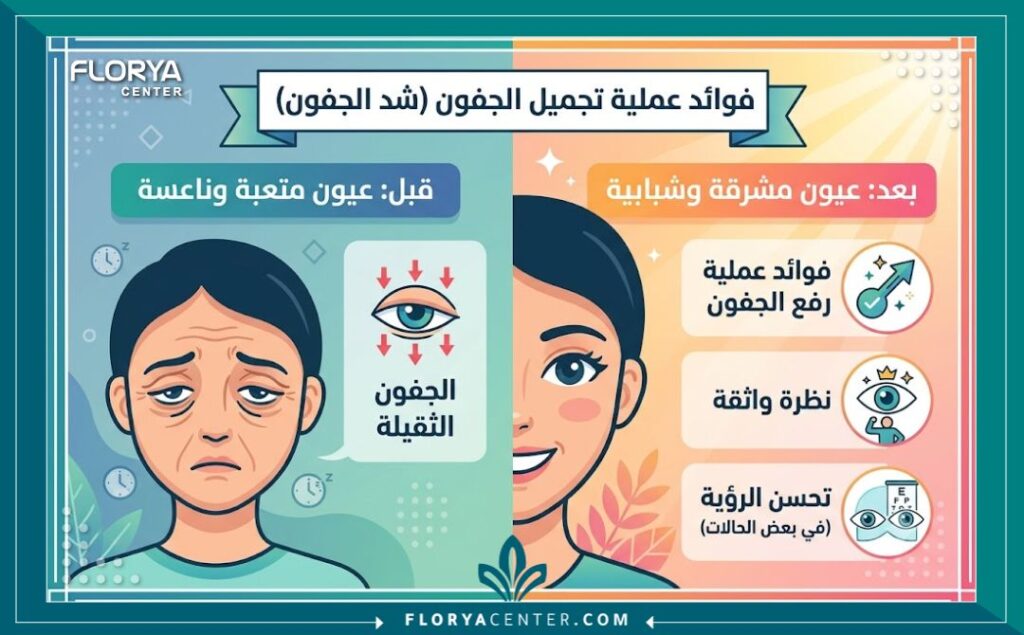 إنفوجرافيك مقارنة بين مظهر العيون المتعبة قبل العملية والعيون المشرقة بعد عملية رفع الجفون المتهدلة في تركيا.