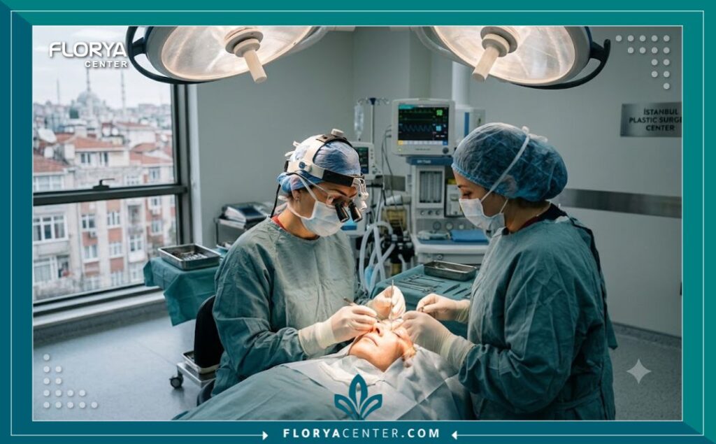لقطة واقعية من داخل غرفة عمليات حديثة ومعقمة في إسطنبول أثناء إجراء عملية رفع الجفون المتهدلة.
