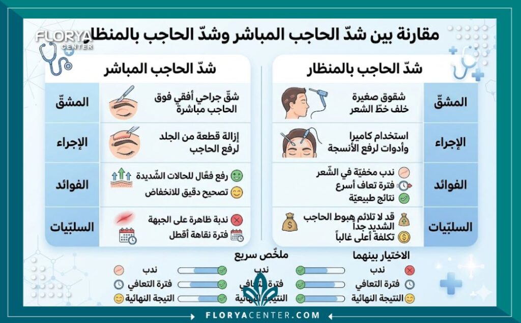 رفع الحواجب عبر شق جراحي مباشر 3 إنفوجرافيك يقارن بين تقنية رفع الحواجب المباشر لكبار السن والتقنيات الأخرى لشد وتجميل الجبهة.
