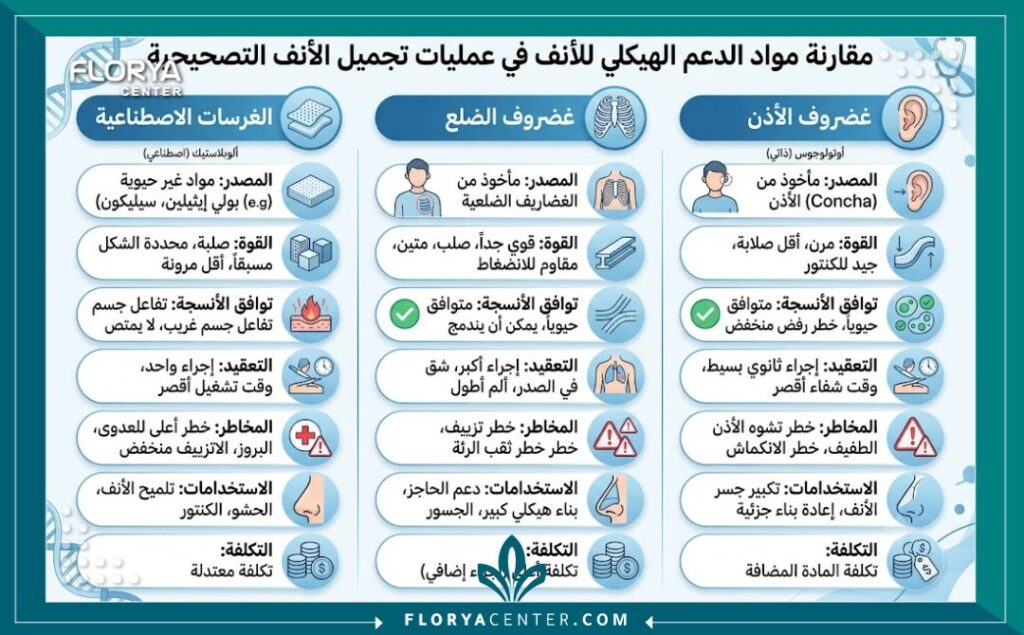 زراعة غضاريف الأذن في الأنف 3 إنفوجرافيك طبي يقارن بين استخدام غضروف الأذن، غضروف الضلع، والمواد الصناعية في عمليات تجميل الأنف الترميمية المعقدة.