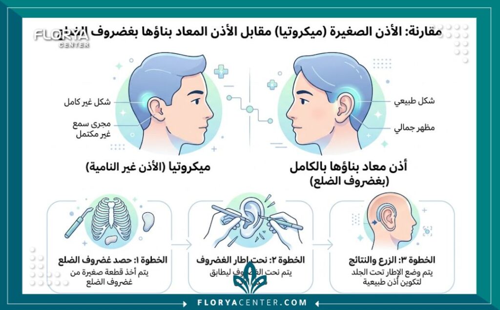 إنفوجرافيك طبي يوضح مقارنة بين أذن الميكروتيا والأذن الطبيعية، بالإضافة إلى مراحل وخطوات عملية ترميم الأذن باستخدام غضاريف الأضلاع.