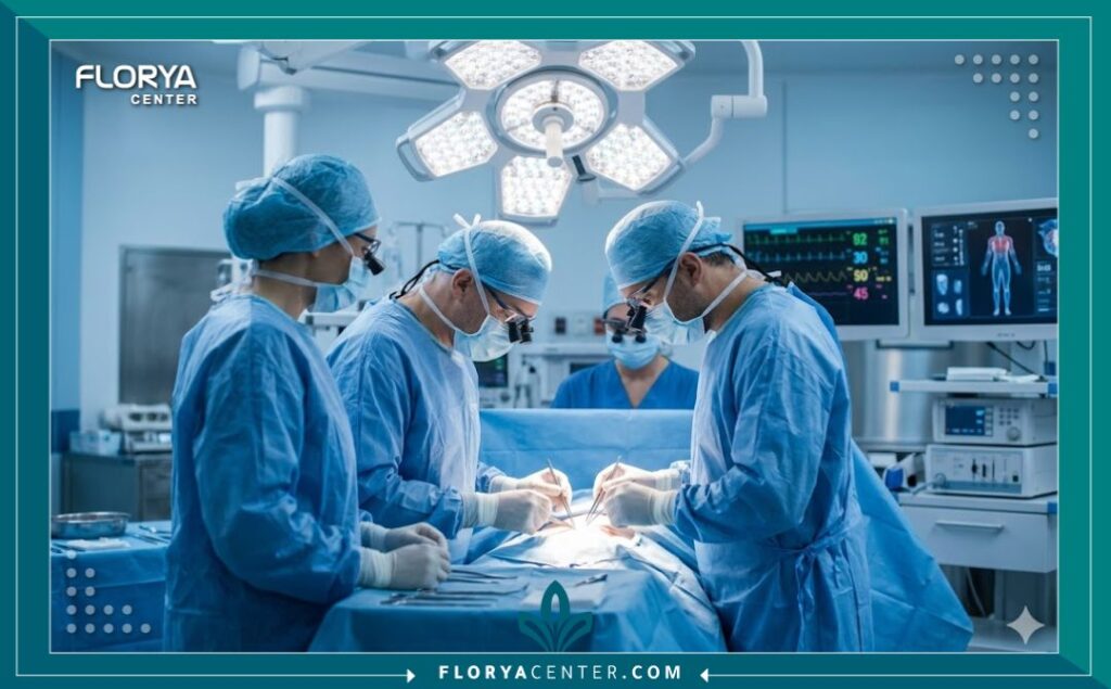 فريق طبي متخصص داخل غرفة عمليات مجهزة بأحدث التقنيات لإجراء الجراحة الدقيقة لزراعة غضاريف الأضلاع وإعادة بناء الأذن.
