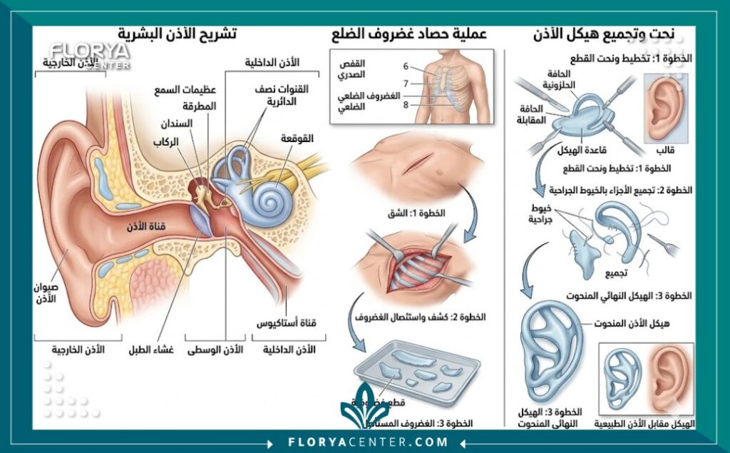 رسم توضيحي طبي دقيق يشرح تشريح الأذن ومراحل أخذ غضروف الضلع وتشكيله لعملية بناء الأذن وعلاج الميكروتيا.