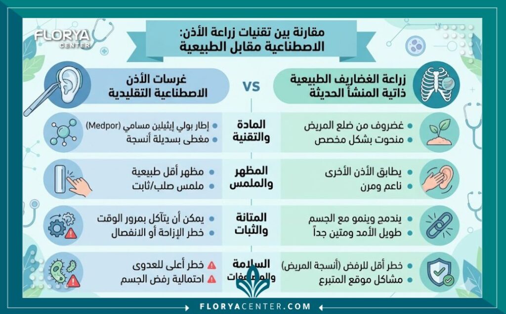 إنفوجرافيك طبي يقارن بين تقنيات بناء الأذن باستخدام الغرسات الصناعية وبين زراعة غضروف الاذن في تركيا الطبيعية المأخوذة من الجسم ومميزات كل منها.