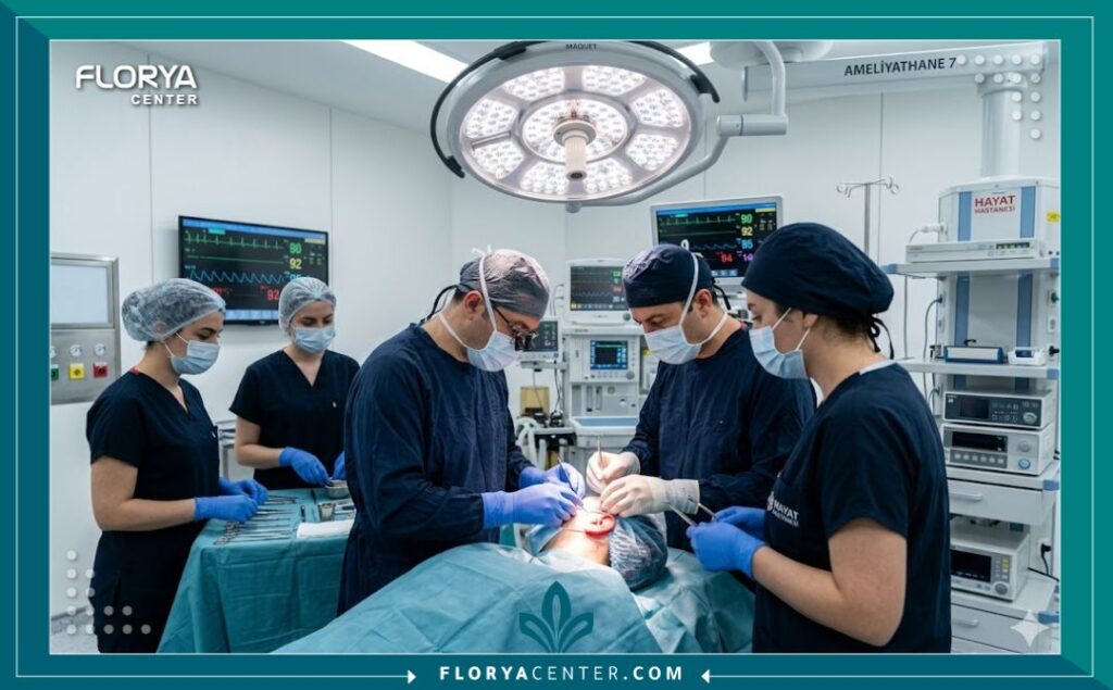 غرفة عمليات جراحية متطورة في إحدى مستشفيات تركيا الرائدة، يظهر فيها طاقم طبي متخصص أثناء إجراء جراحة دقيقة لتعويض نقص هيكل الأذن.