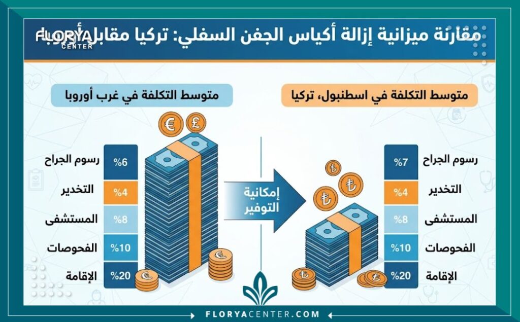 إنفوجرافيك يوضح مقارنة سعر إزالة دهون العين جراحياً والميزانية لإزالة دهون العين جراحيًا بين تركيا والدول الأوروبية.