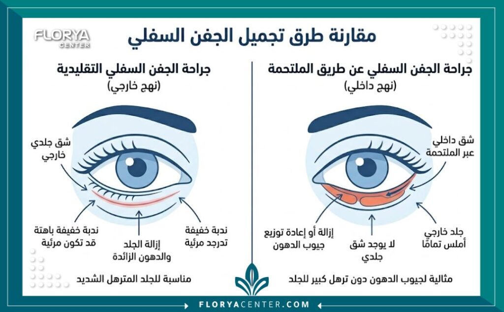شد الجفون بتقنية الترانس كونجونكتيفال 3 إنفوجرافيك يقارن بين شد الجفن السفلي التقليدي ذو الشق الخارجي وتقنية الترانس كونجونكتيفال التي لا تترك أي ندبات خارجية.