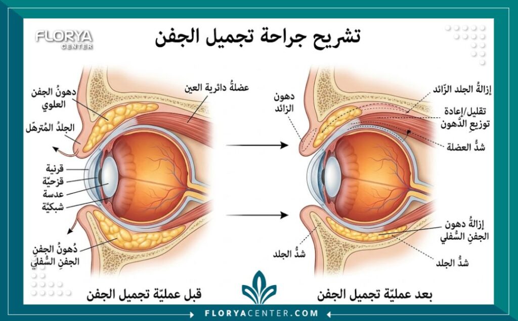 رسم توضيحي طبي يشرح تشريح الجفن وكيفية إزالة الجلد المترهل والدهون أثناء عملية شد الجفون جراحياً.