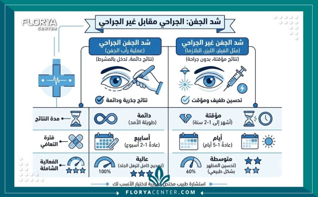 إنفوجرافيك يقارن بين شد الجفون جراحياً في تركيا والطرق غير الجراحية موضحاً فعالية التدخل المشرطي ونتائجه الدائمة.