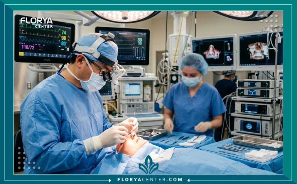 جراح تجميل متخصص يقوم بإجراء جراحة شد الجفون داخل غرفة عمليات حديثة ومعقمة بالكامل في تركيا.