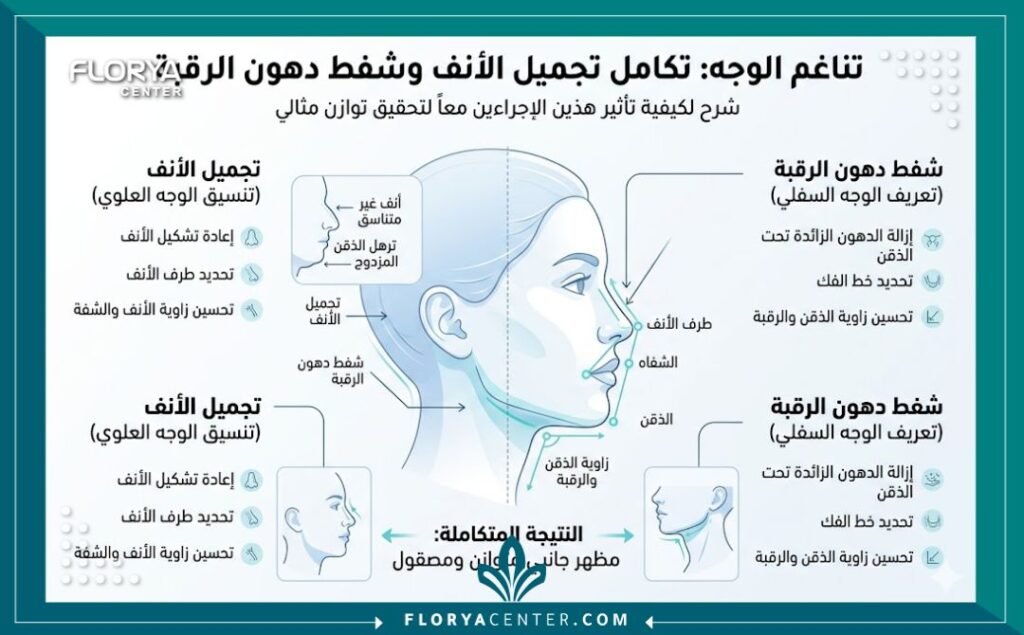 شفط دهون اللغلوغ في تركيا 3 إنفوجرافيك يوضح زوايا الوجه والتناسق الجمالي بين تجميل الأنف وعملية شفط دهون اللغلوغ في تركيا.