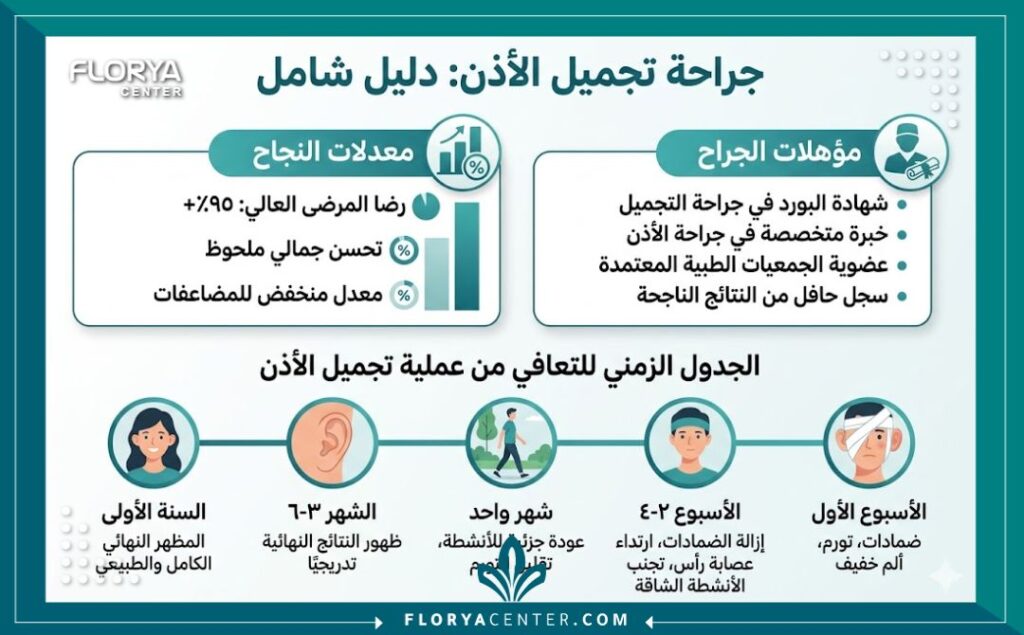 إنفوجرافيك يوضح السيرة الذاتية لطبيب تجميل الأذن ونسب النجاح ومراحل التعافي بعد العملية.