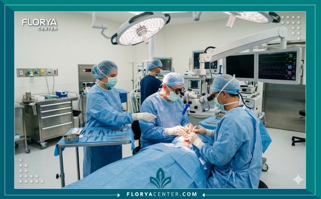 طبيب تجميل أذن خبير يجري عملية جراحية دقيقة داخل غرفة عمليات مجهزة بأحدث التقنيات في تركيا.