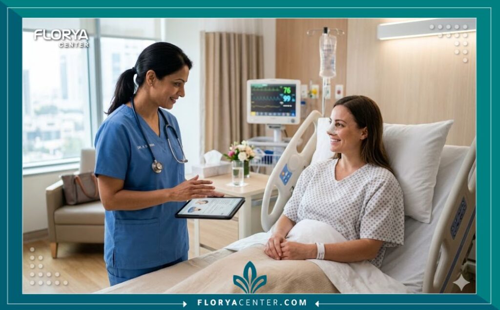 طبيب يقدم نصائح فترة التعافي وتعليمات طريقة النوم السليمة لمريضة بعد جراحة تجميل الأنف.
