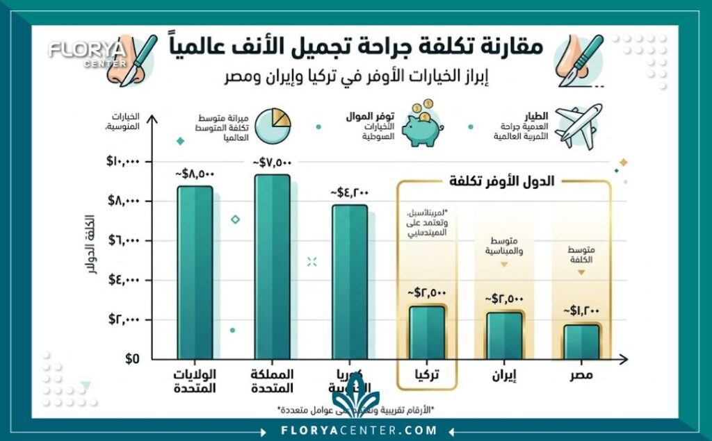 إنفوجرافيك يوضح مقارنة أسعار عملية تجميل الأنف بين تركيا وإيران ومصر لتحديد أرخص دولة.