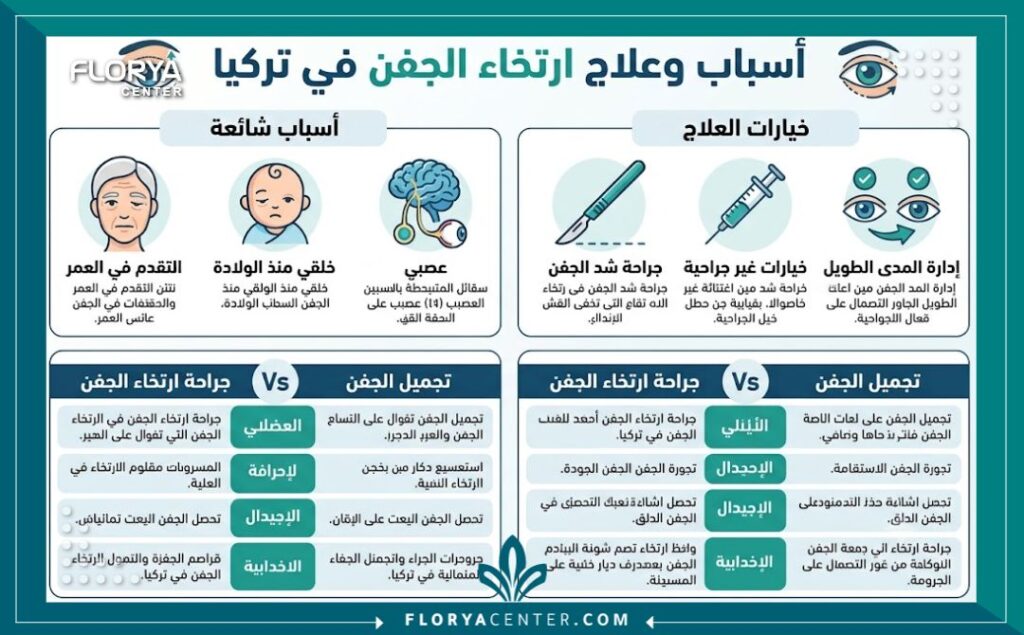 إنفوجرافيك طبي يوضح الأنواع المختلفة لارتخاء الجفن وأسبابه الرئيسية، مثل التقدم في العمر والمشاكل العصبية.