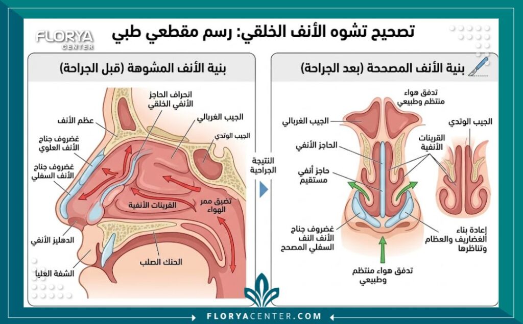 رسم توضيحي طبي يوضح التشريح الداخلي وتصحيح العيوب الخلقية للأنف.