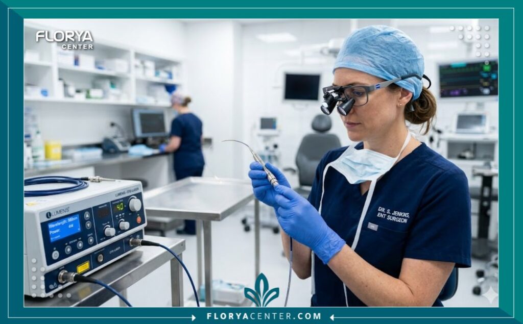 طبيب أنف وأذن وحنجرة متخصص داخل غرفة عمليات حديثة مجهزة بتقنية الليزر لتنظيف الجيوب الأنفية.