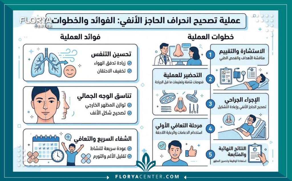 علاج انحراف الأنف في تركيا 3 إنفوجرافيك طبي يوضح خطوات وفوائد عملية تعديل انحراف الأنف في تركيا، بما في ذلك تحسين التنفس واستعادة التناسق الجمالي للوجه.