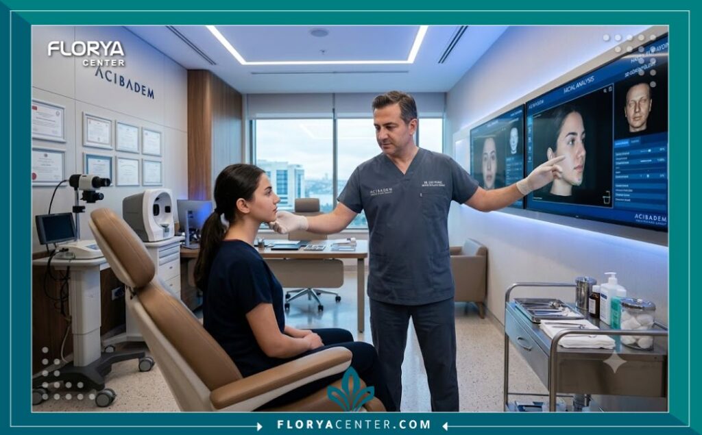 علاج انحراف الأنف في تركيا 4 طبيب جراحة تجميل يفحص مريضة في غرفة استشارة طبية حديثة ومجهزة بأحدث التقنيات لعلاج انحراف الأنف في مستشفيات تركيا.