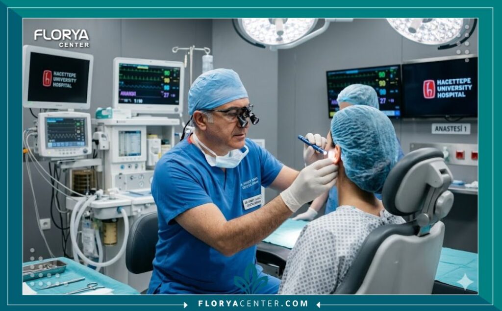 علاج بروز الأذن في تركيا 4 طبيب جراحة تجميل متخصص يفحص أذن مريض في غرفة عمليات حديثة ومجهزة بأحدث التقنيات في مستشفيات تركيا.