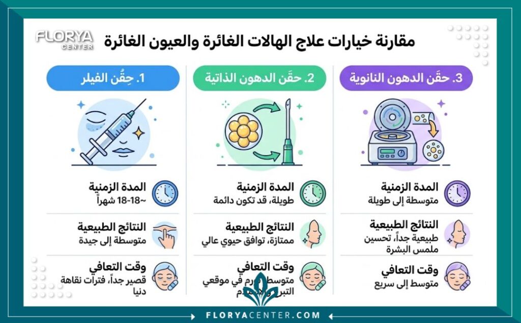 مخطط بياني للمقارنة بين حقن الفيلر، حقن الدهون، والنانو-فات لعلاج العيون الغائرة.