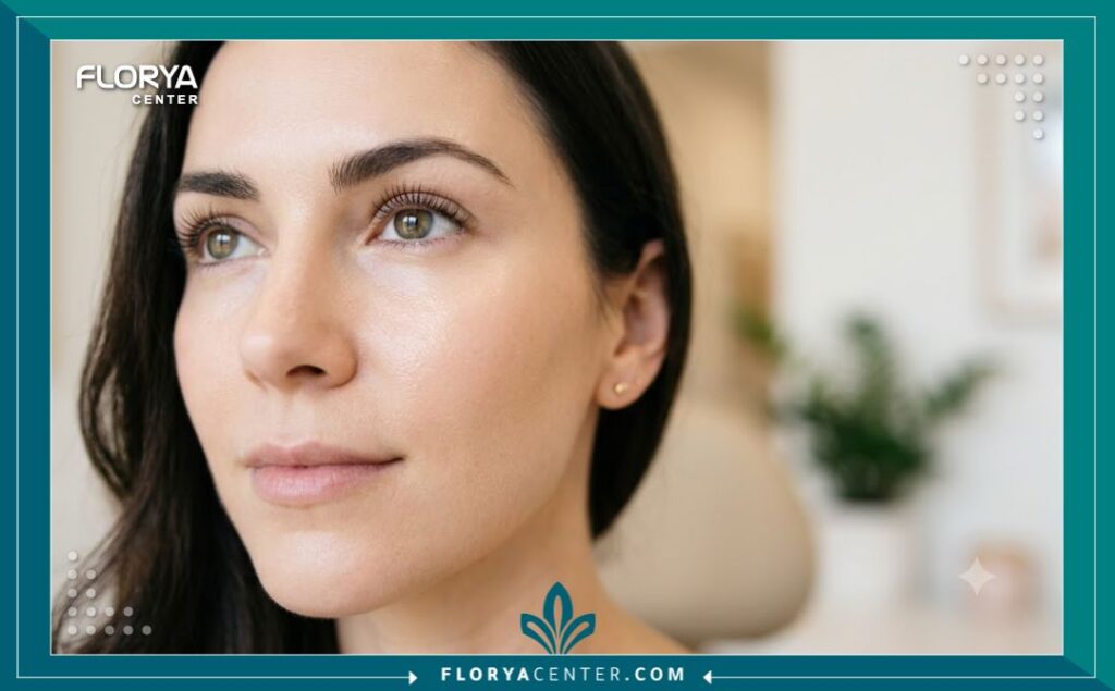 لقطة مكبرة لامرأة بعيون مشرقة وبشرة ناعمة تحت العين بعد الخضوع لعلاج تجويف العين في تركيا.