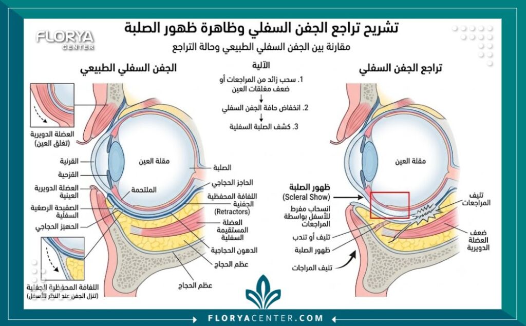 رسم توضيحي طبي يوضح تشريح الجفن السفلي والأسباب الكامنة وراء ظهور بياض العين (Scleral show) وعلاجه. (Medical illustration explaining the anatomy of the lower eyelid and the underlying causes of scleral show and its treatment.)