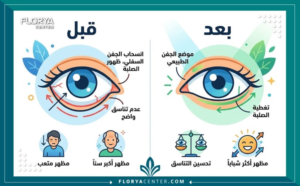 إنفوجرافيك يقارن بين مظهر العين قبل وبعد عملية تصحيح علاج تراجع الجفن السفلي في تركيا، مع إبراز الفوائد الجمالية. (An infographic comparing the appearance of the eye before and after lower eyelid retraction correction surgery in Turkey, highlighting the cosmetic benefits.)