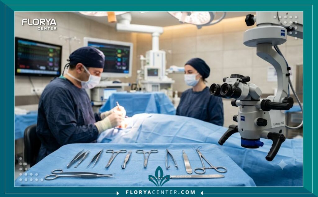 لقطة واقعية لغرفة عمليات معقمة ومجهزة بأحدث التقنيات لجراحة الجفن التجميلية في مستشفى تركي رائد. (A realistic shot of a sterile operating room equipped with the latest technology for cosmetic eyelid surgery in a leading Turkish hospital.)