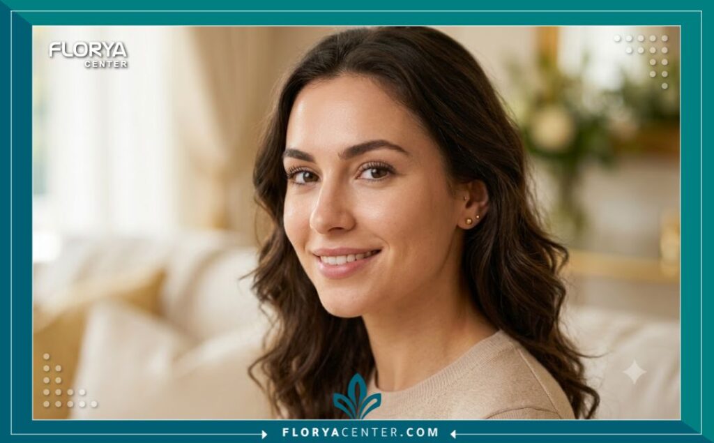 صورة جمالية لعيون امرأة تُظهر مظهراً مشدوداً ومتجدداً بعد تصحيح هبوط الجفن السفلي في عيادة تركية متخصصة. (An aesthetic image of a woman's eyes showing a taut and rejuvenated appearance after correcting lower eyelid drop in a specialized Turkish clinic.)
