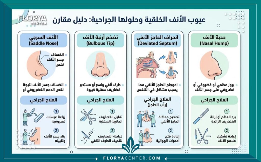 إنفوجرافيك يوضح أنواع تشوهات الأنف الوراثية الشائعة وطرق التجميل والإصلاح المتاحة طبياً.
