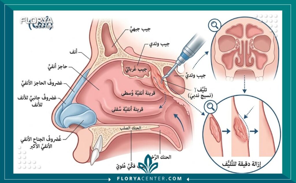 علاج تليف أنسجة الأنف في تركيا 2 رسم تشريحي طبي يوضح التندب الداخلي في الأنف وكيفية التخلص من تليف الأنسجة جراحياً.