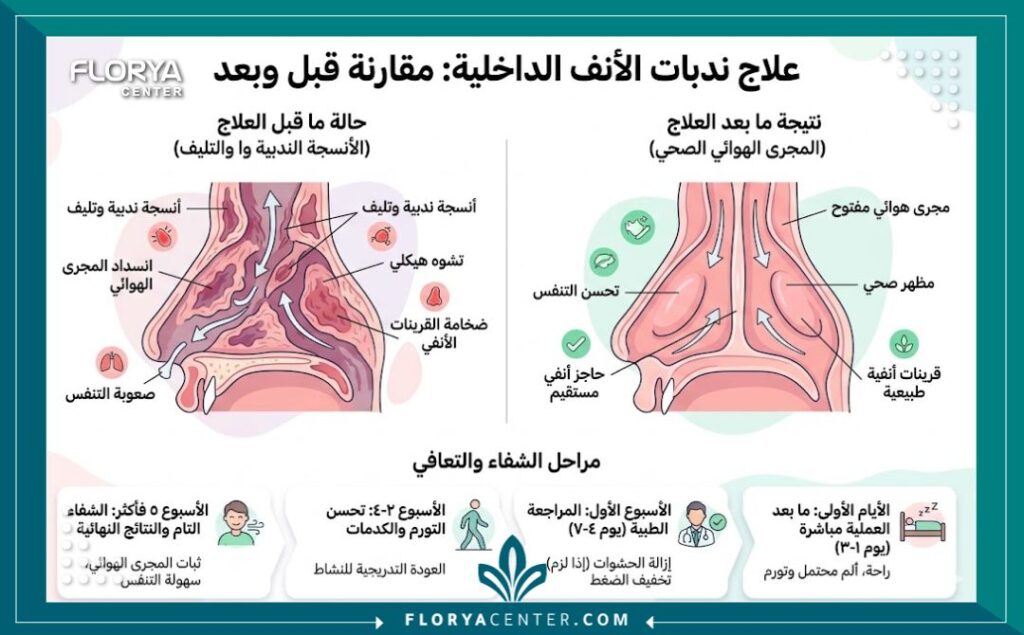 علاج تليف أنسجة الأنف في تركيا 3 إنفوجرافيك طبي يقارن حالة الأنف قبل وبعد علاج تليف أنسجة الأنف وإصلاح التشوهات الداخلية.