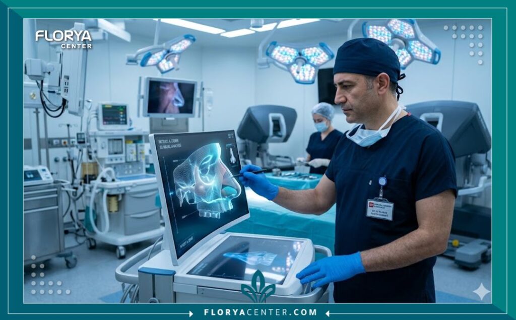 علاج تليف أنسجة الأنف في تركيا 4 طبيب جراحة تجميل خبير داخل غرفة عمليات حديثة في تركيا يخطط لإجراء جراحة إزالة التندب الداخلي للأنف.