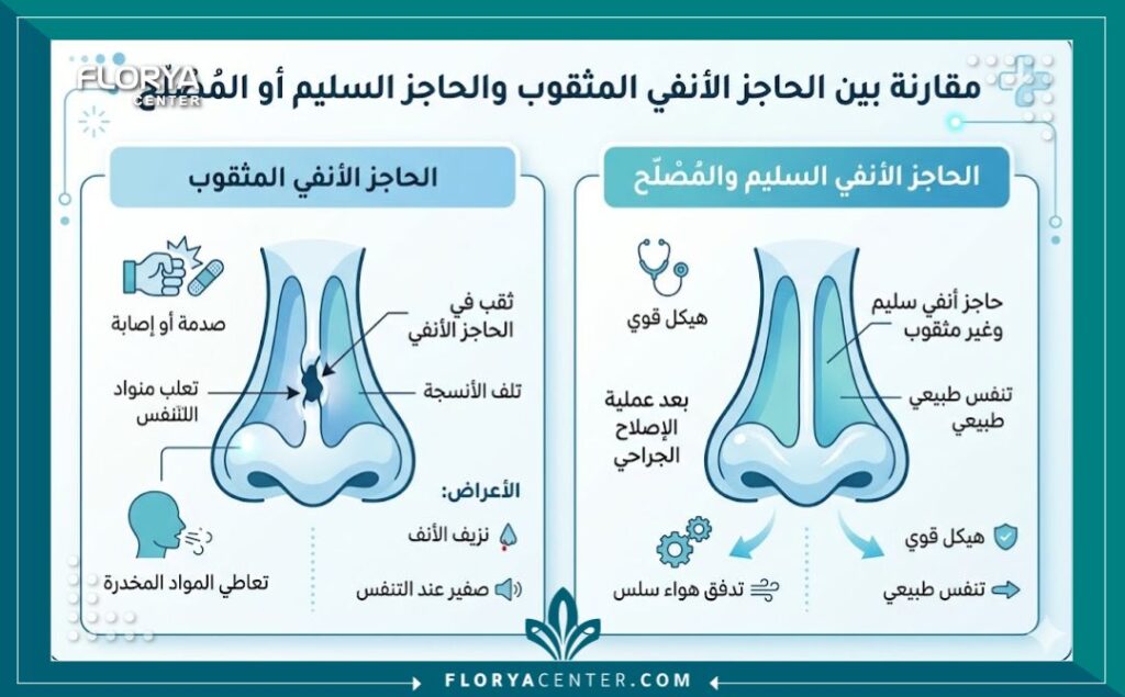 إنفوجرافيك يوضح أسباب ثقب الحاجز الأنفي مثل الكوكايين والكسور، وخطوات العلاج الجراحي في تركيا.