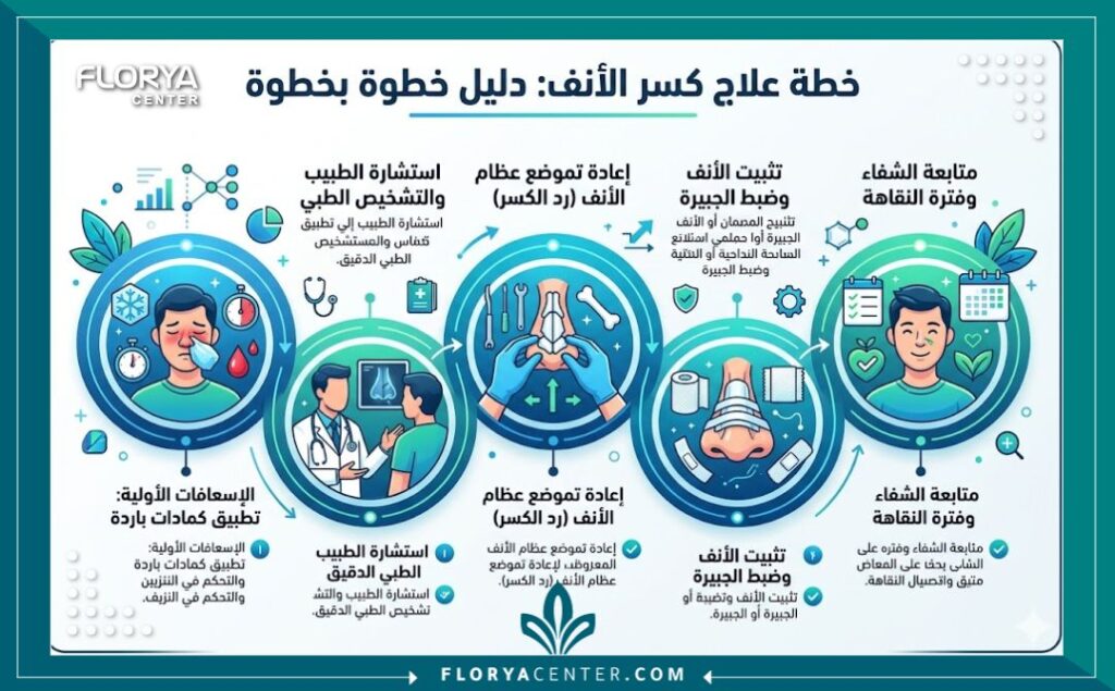 إنفوجرافيك يوضح خطوات علاج صدمات الأنف المكسور والإسعافات الأولية اللازمة بعد الإصابة.