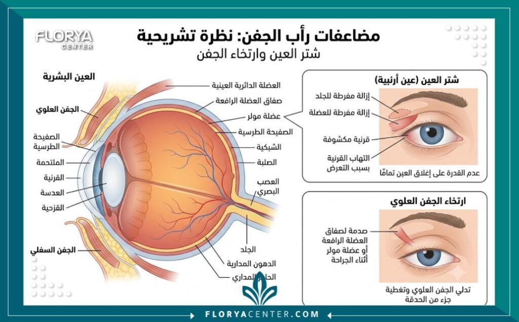 رسم توضيحي طبي يشرح تشريح الجفن ويوضح أسباب عدم إغلاق العين كإحدى علامات فشل عملية شد الجفون.