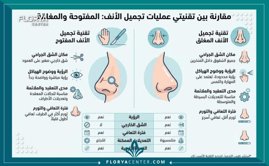 إنفوجرافيك يوضح الفرق بين عمليات الأنف التجميلية في تركيا المفتوح والمغلق ومميزات كل تقنية في الجراحة التجميلية.