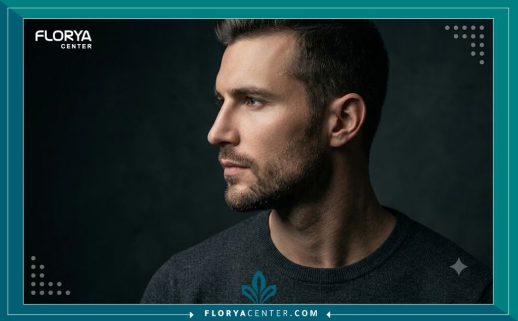 صورة جانبية لرجل تبرز تناسق الوجه والبروفايل المثالي بعد عملية تجميل الأنف للرجال.