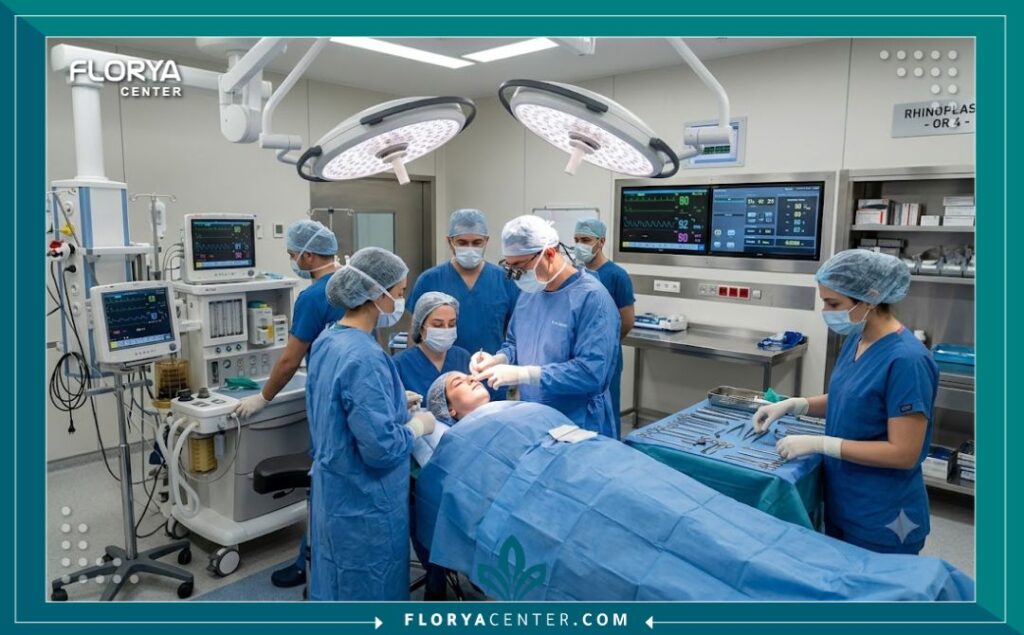 فريق طبي متخصص داخل غرفة عمليات حديثة ومجهزة بأحدث التقنيات لإجراء جراحة تجميل الأنف في مستشفيات تركيا.