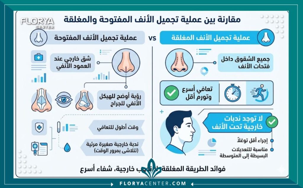 عمليات تجميل الأنف المغلقة في تركيا 3 إنفوجرافيك يقارن بين تجميل الأنف المغلق والمفتوح مع إبراز ميزة غياب الندبات الخارجية وسرعة التعافي.