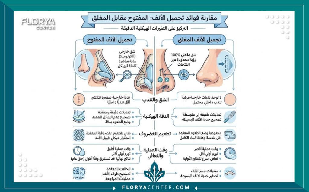 إنفوجرافيك يقارن بين تجميل الأنف المفتوح والمغلق ويوضح كيف يتيح الأسلوب المفتوح تغييراً جذرياً ومدروساً.