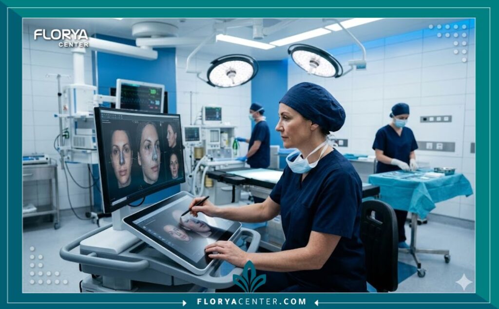 جراح تجميل خبير يخطط لعملية تجميل أنف مفتوحة بتقنيات ثلاثية الأبعاد داخل مستشفى حديث في تركيا.