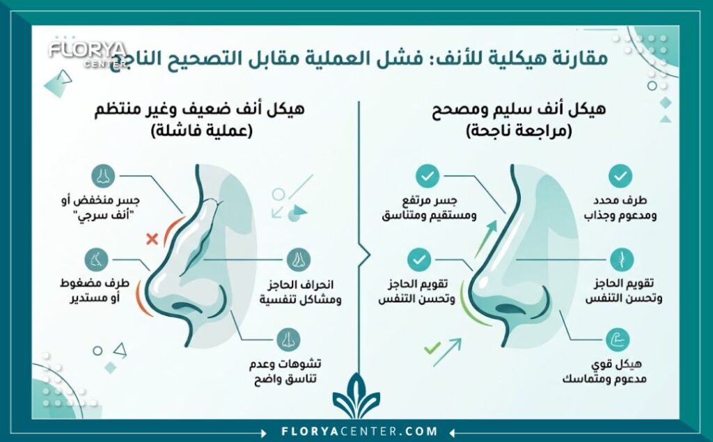 إنفوجرافيك يقارن بين تشوهات الأنف بعد جراحة فاشلة والنتائج المثالية بعد عملية تجميل الأنف الترميمية.